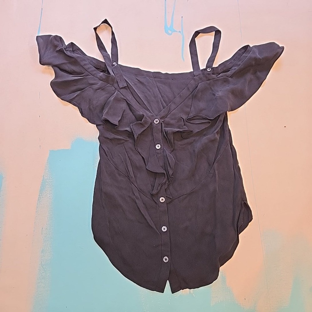 Pipes & Shaw XXS Black Off Shoulder Button Ruffle Top‎ Silk Blend Festival 12x20